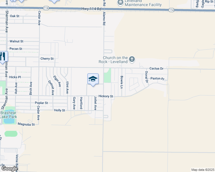 map of restaurants, bars, coffee shops, grocery stores, and more near 725 Alamo Road in Levelland