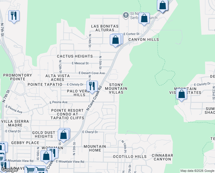 map of restaurants, bars, coffee shops, grocery stores, and more near 10637 North Cave Creek Road in Phoenix