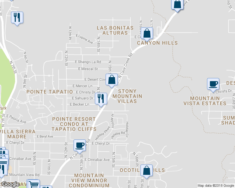 map of restaurants, bars, coffee shops, grocery stores, and more near 10637 North Cave Creek Road in Phoenix