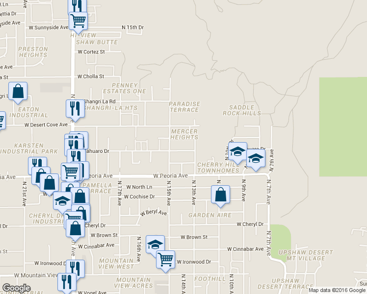 map of restaurants, bars, coffee shops, grocery stores, and more near 1495 West Sahuaro Drive in Phoenix