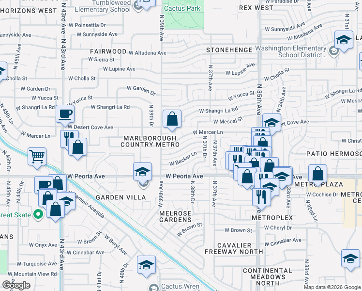 map of restaurants, bars, coffee shops, grocery stores, and more near 3825 West Sahuaro Drive in Phoenix