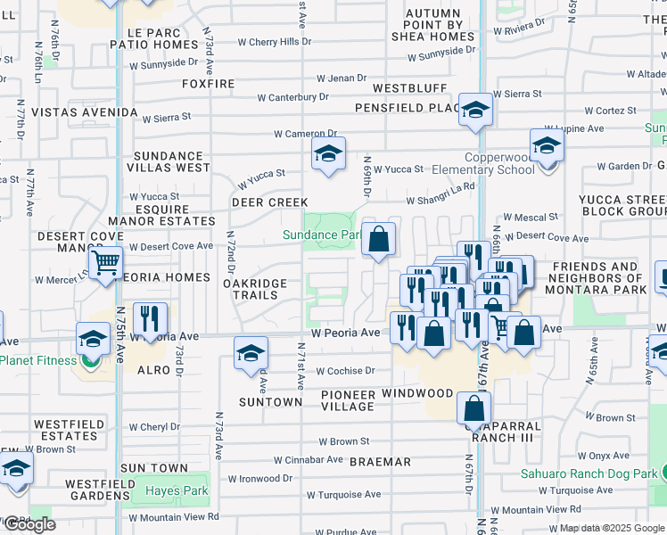 map of restaurants, bars, coffee shops, grocery stores, and more near 7036 Downspell Drive in Peoria