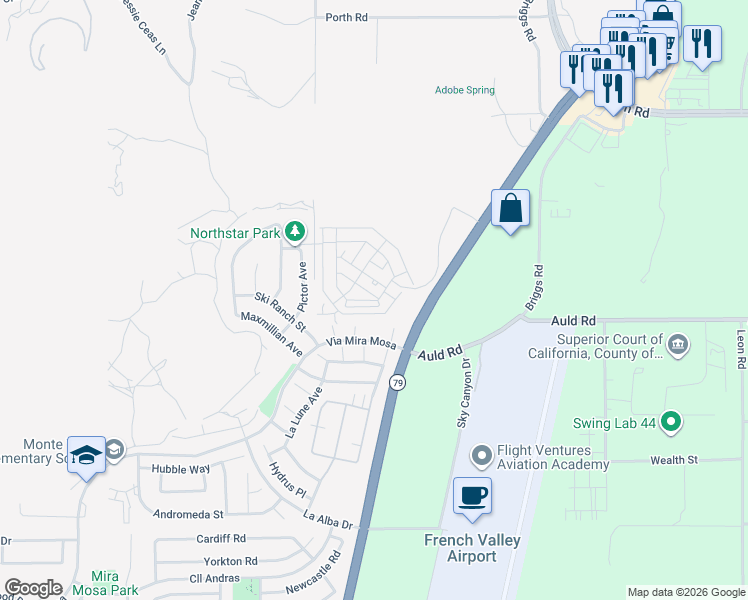 map of restaurants, bars, coffee shops, grocery stores, and more near 36892 Capricious Lane in Murrieta