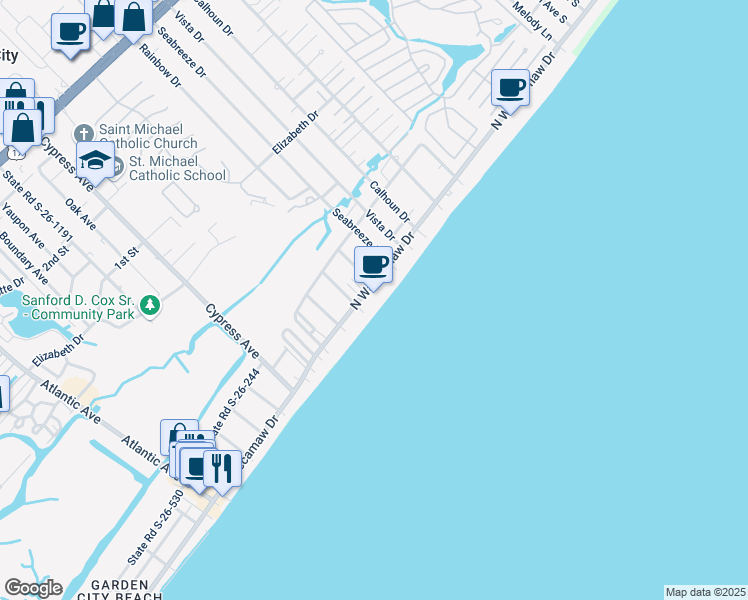 map of restaurants, bars, coffee shops, grocery stores, and more near 1000 North Waccamaw Drive in Murrells Inlet