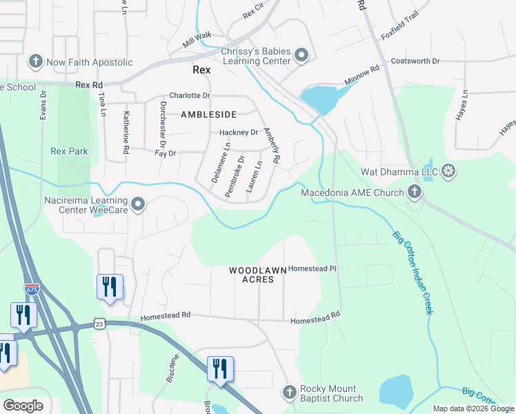 map of restaurants, bars, coffee shops, grocery stores, and more near 6273 Amberly Road in Rex