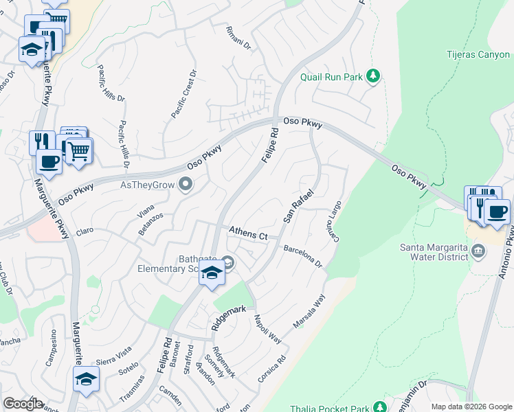 map of restaurants, bars, coffee shops, grocery stores, and more near 27770 Palamos Place in Mission Viejo