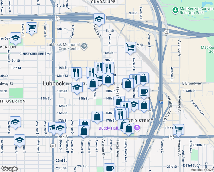 map of restaurants, bars, coffee shops, grocery stores, and more near 1109 Broadway Street in Lubbock