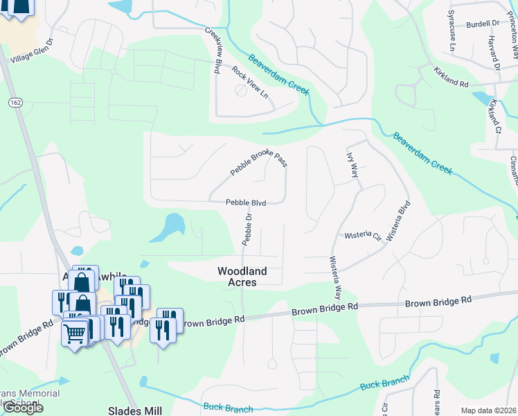 map of restaurants, bars, coffee shops, grocery stores, and more near 415 Pebble Boulevard in Covington
