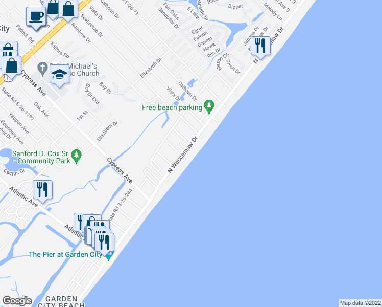 map of restaurants, bars, coffee shops, grocery stores, and more near 1000 North Waccamaw Drive in Murrells Inlet