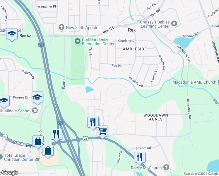 map of restaurants, bars, coffee shops, grocery stores, and more near 6073 Crooked Creek Drive in Rex