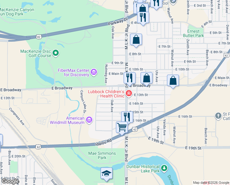 map of restaurants, bars, coffee shops, grocery stores, and more near 1504 East 13th Street in Lubbock