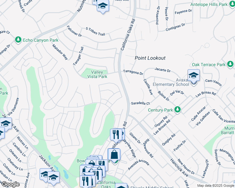 map of restaurants, bars, coffee shops, grocery stores, and more near 39946 Vía Graziana in Murrieta