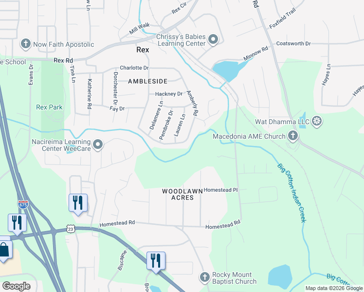 map of restaurants, bars, coffee shops, grocery stores, and more near 6273 Amberly Road in Rex