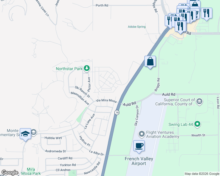 map of restaurants, bars, coffee shops, grocery stores, and more near 36892 Capricious Lane in Murrieta