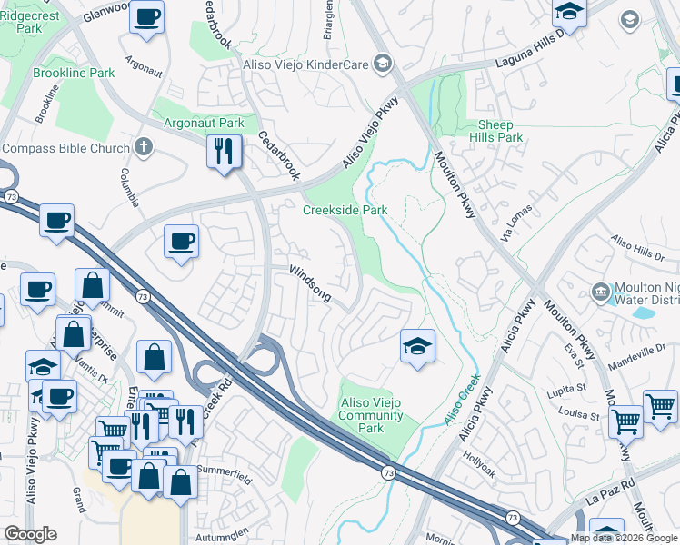 map of restaurants, bars, coffee shops, grocery stores, and more near 69 Cloudcrest in Aliso Viejo