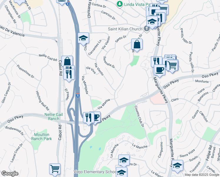 map of restaurants, bars, coffee shops, grocery stores, and more near 26061 Via Viento in Mission Viejo