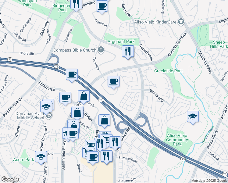 map of restaurants, bars, coffee shops, grocery stores, and more near 3 Polaris Way in Aliso Viejo