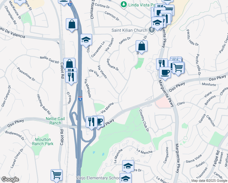 map of restaurants, bars, coffee shops, grocery stores, and more near 26061 Via Viento in Mission Viejo