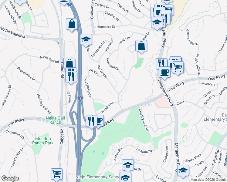 map of restaurants, bars, coffee shops, grocery stores, and more near 26011 Via Viento in Mission Viejo
