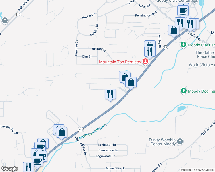 map of restaurants, bars, coffee shops, grocery stores, and more near 1031 Windsor Parkway in Moody