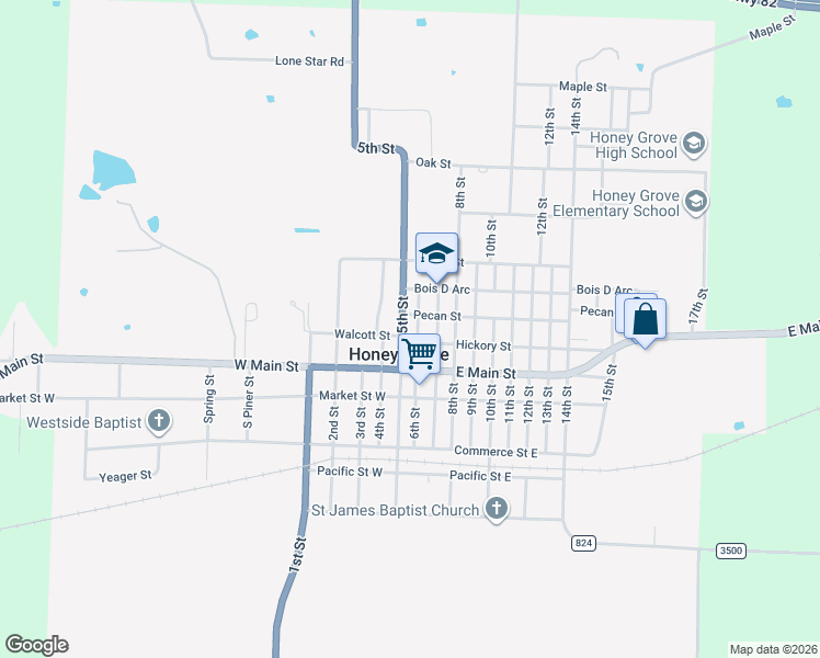 map of restaurants, bars, coffee shops, grocery stores, and more near 703 5th Street in Honey Grove