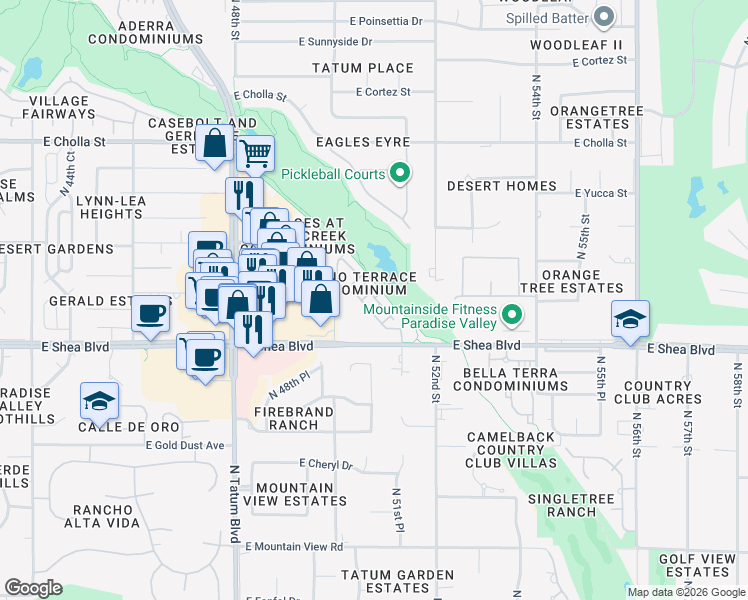 map of restaurants, bars, coffee shops, grocery stores, and more near 5122 East Shea Boulevard in Scottsdale