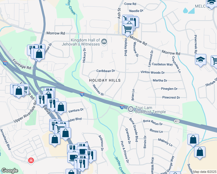 map of restaurants, bars, coffee shops, grocery stores, and more near 6253 Bermuda Street in Forest Park