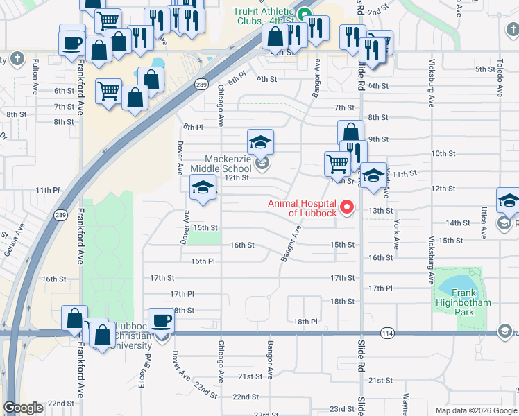 map of restaurants, bars, coffee shops, grocery stores, and more near 5422 13th Street in Lubbock