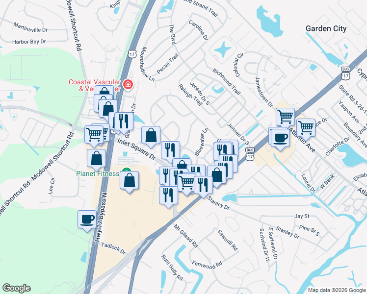 map of restaurants, bars, coffee shops, grocery stores, and more near 170 Offshore Drive in Murrells Inlet