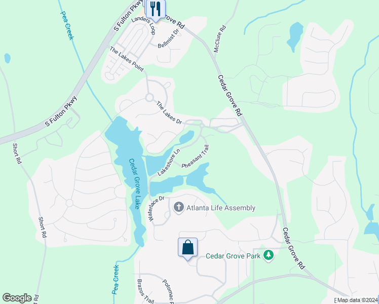 map of restaurants, bars, coffee shops, grocery stores, and more near 7646 Lakeshore Lane in Fairburn