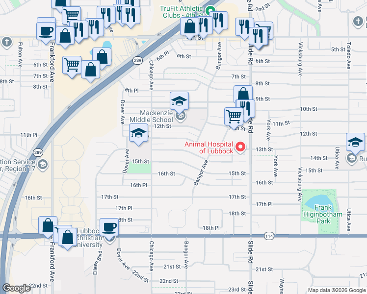 map of restaurants, bars, coffee shops, grocery stores, and more near 5422 13th Street in Lubbock