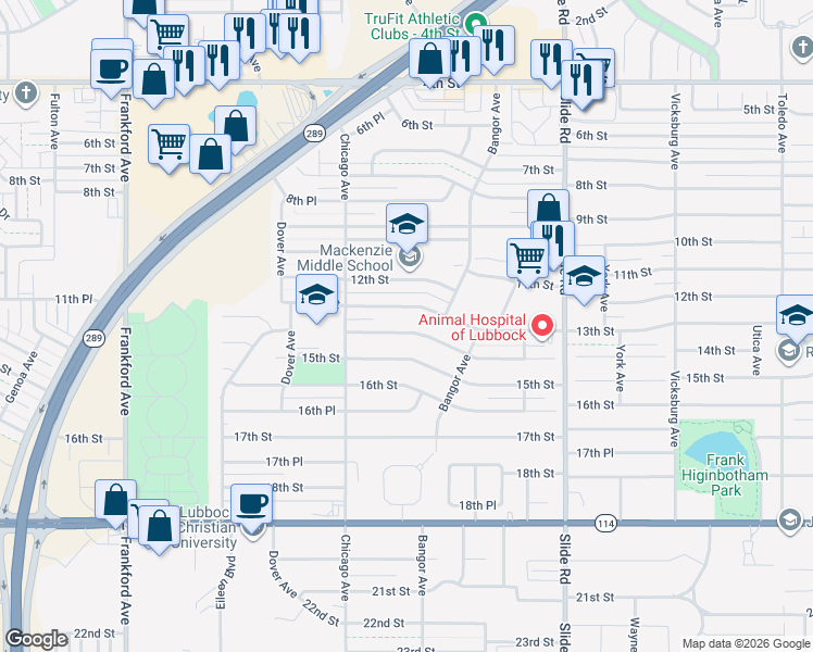 map of restaurants, bars, coffee shops, grocery stores, and more near 5422 13th Street in Lubbock