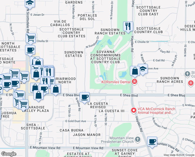 map of restaurants, bars, coffee shops, grocery stores, and more near 11020 North 77th Street in Scottsdale