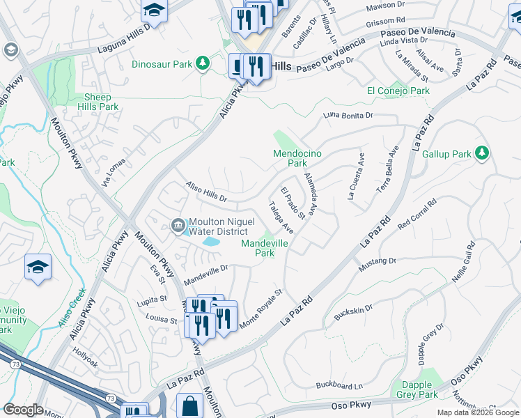 map of restaurants, bars, coffee shops, grocery stores, and more near 24652 Linda Flora Street in Laguna Hills