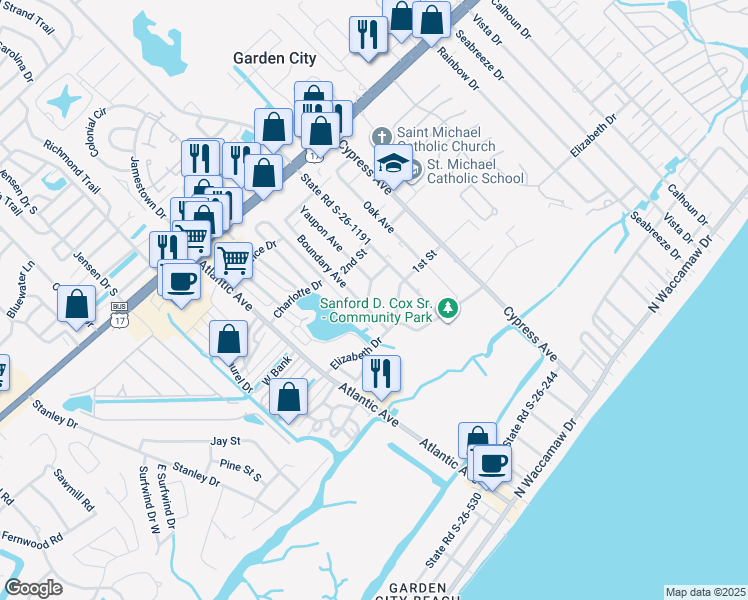 map of restaurants, bars, coffee shops, grocery stores, and more near 429 Yaupon Avenue in Murrells Inlet