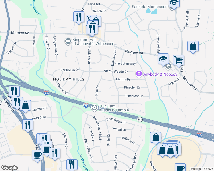 map of restaurants, bars, coffee shops, grocery stores, and more near 878 Pineglen Cove in Forest Park