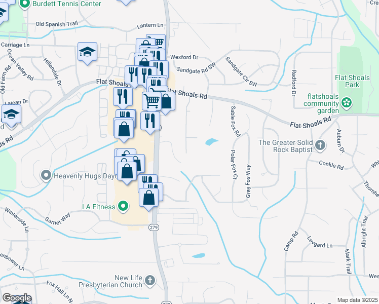 map of restaurants, bars, coffee shops, grocery stores, and more near 6082 Oak Bend Court in Riverdale