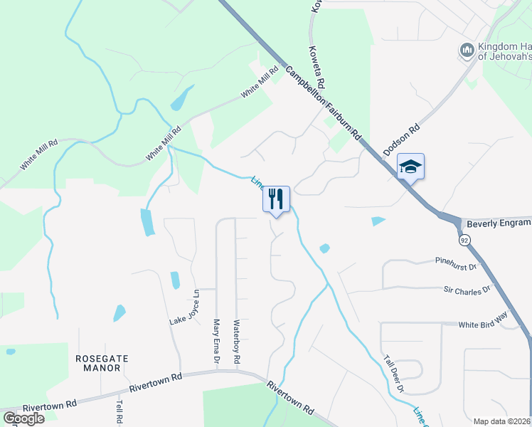 map of restaurants, bars, coffee shops, grocery stores, and more near 7305 White Oak Way in Fairburn