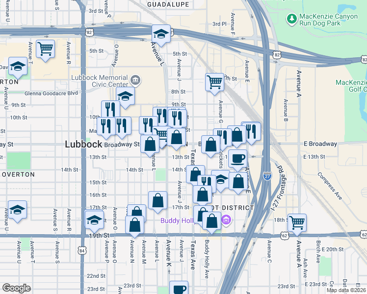 map of restaurants, bars, coffee shops, grocery stores, and more near in Lubbock