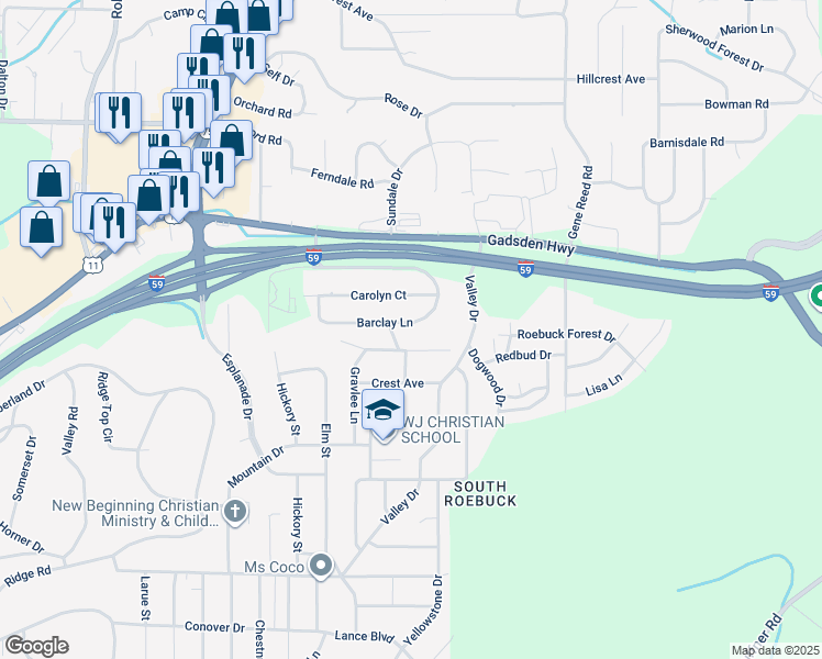 map of restaurants, bars, coffee shops, grocery stores, and more near 724 Barclay Lane in Birmingham