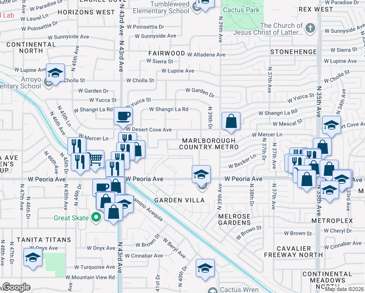 map of restaurants, bars, coffee shops, grocery stores, and more near 4038 West Mercer Lane in Phoenix
