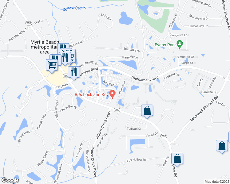map of restaurants, bars, coffee shops, grocery stores, and more near 176 Wimbledon Way in Murrells Inlet