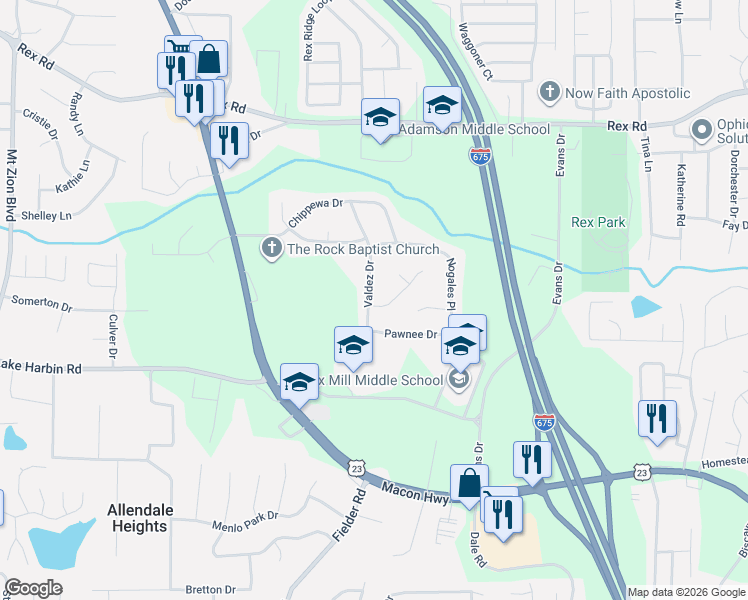 map of restaurants, bars, coffee shops, grocery stores, and more near 6212 Valdez Drive in Rex