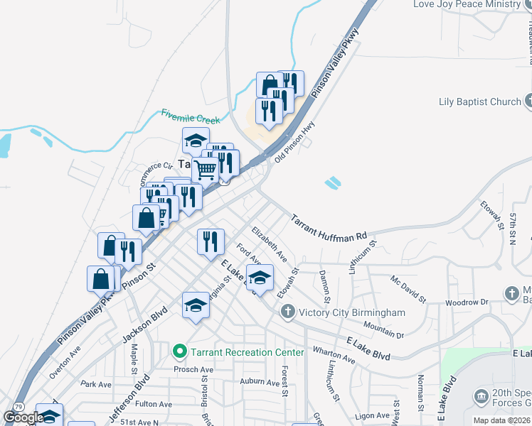 map of restaurants, bars, coffee shops, grocery stores, and more near 1125 Bethel Avenue in Birmingham