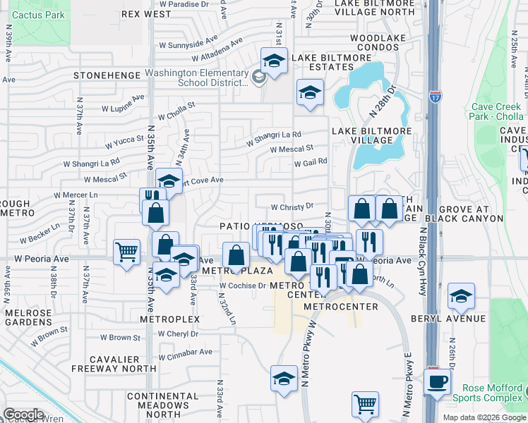 map of restaurants, bars, coffee shops, grocery stores, and more near 3129 West Mercer Lane in Phoenix