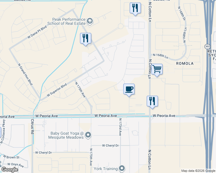map of restaurants, bars, coffee shops, grocery stores, and more near 17383 West Guthrie Street in Surprise
