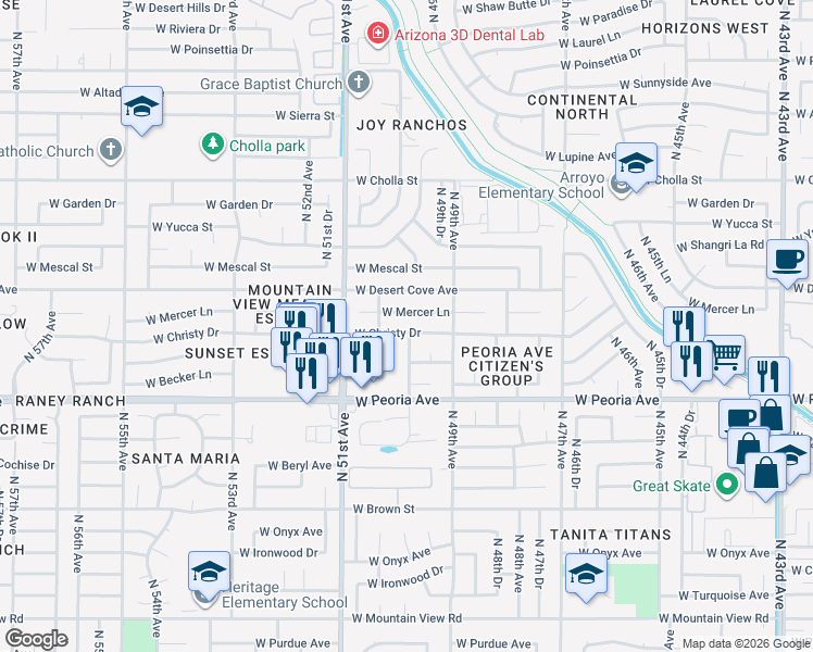 map of restaurants, bars, coffee shops, grocery stores, and more near 5022 West Mercer Lane in Glendale