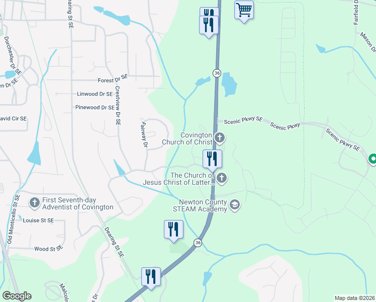 map of restaurants, bars, coffee shops, grocery stores, and more near 9147 Golfview Lane in Covington