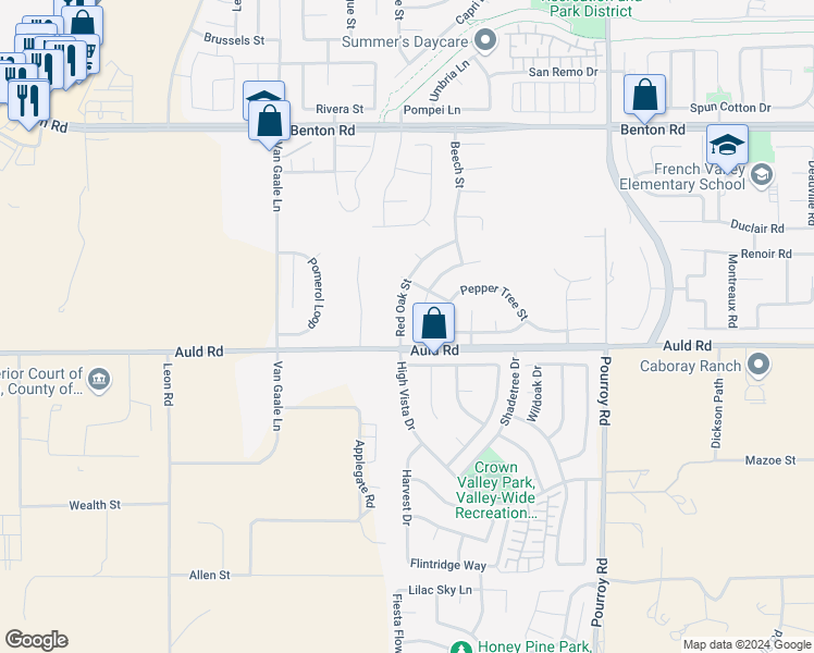 map of restaurants, bars, coffee shops, grocery stores, and more near 36956 Red Oak Street in Winchester