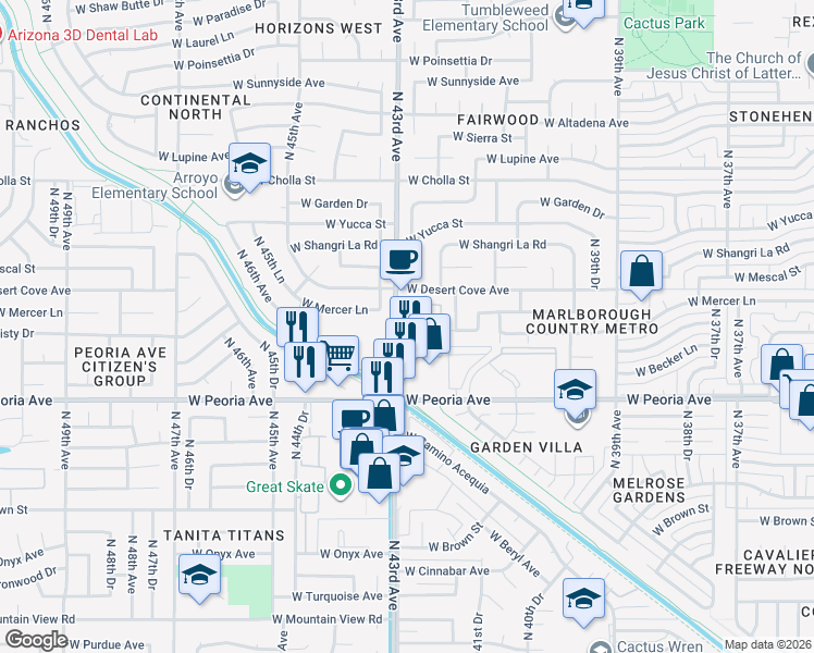 map of restaurants, bars, coffee shops, grocery stores, and more near 10851 North 43rd Avenue in Phoenix